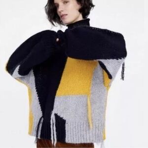 ZARA Abstract Colorblock Wool Mohair Chunky Knit Tassle Sweater Size M